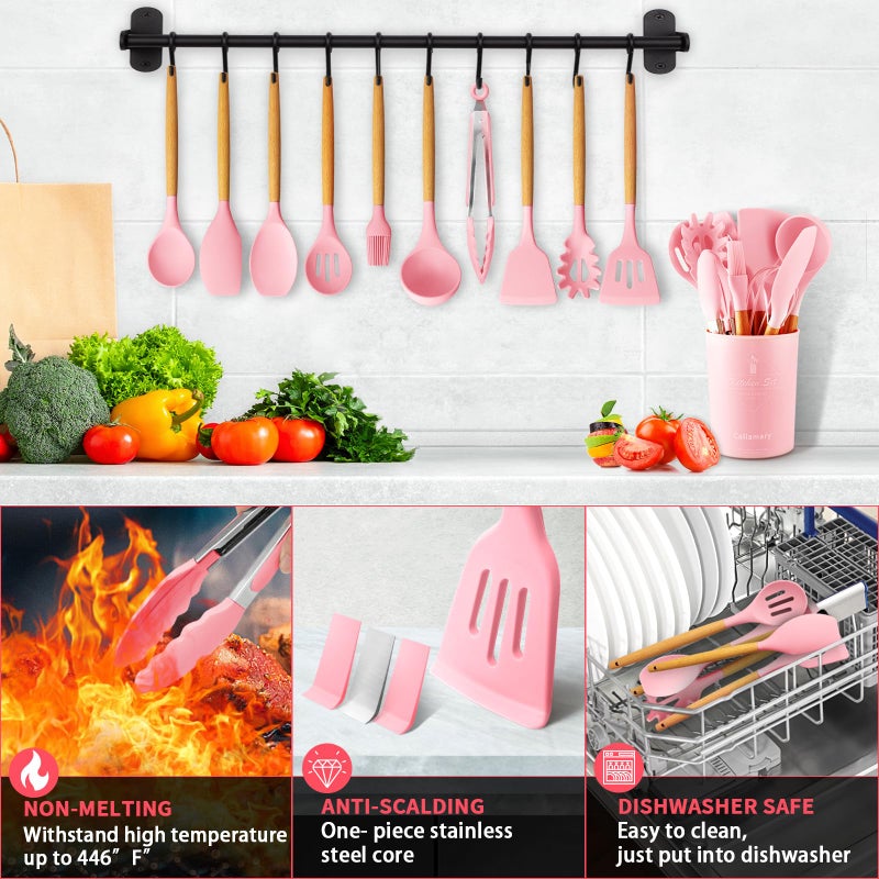 Caliamary Silicone Kitchen Utensil Set, 11 Pieces Cooking Utensil with Wooden Handles, Utensil Holder for Nonstick Cookware, Spoon, Soup Ladle, Slotted Turner, Whisk, Tongs, Brush, Pasta Server (Pink) - Image 5